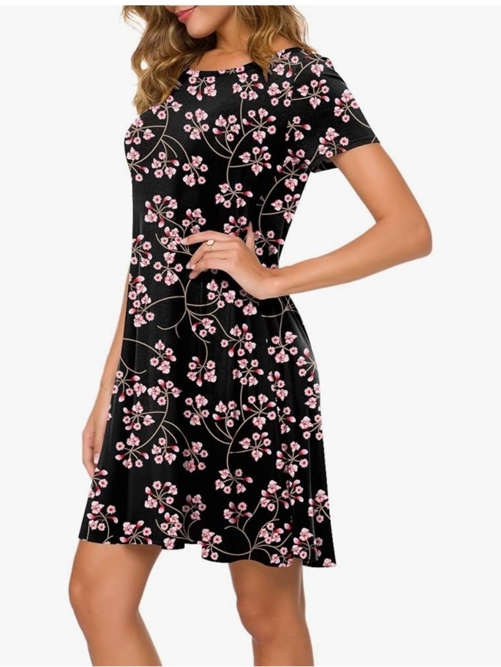 NWT Short Sleeve Floral Swing Dress in Black with Pink Blossoms Size MD